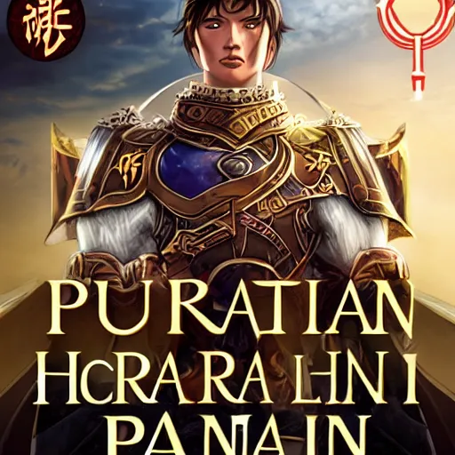 Prompt: portrait of a human paladin, litrpg novel cover, Chinese Mongolian script, book cover