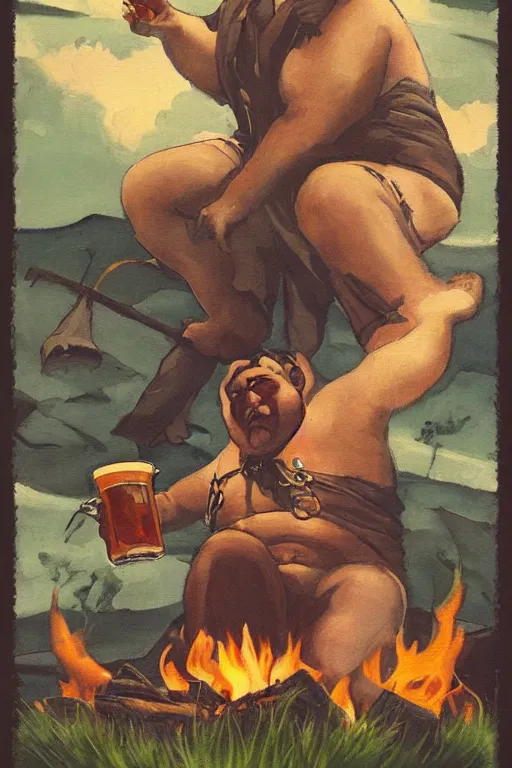 Prompt: a dramatic, ethereal painting of a handsome chubby mischievous cowboy with an open shirt sitting behind a campfire at night with food and jugs of whisky | tarot!! card, art deco, art nouveau | by Mark Maggiori | trending on artstation