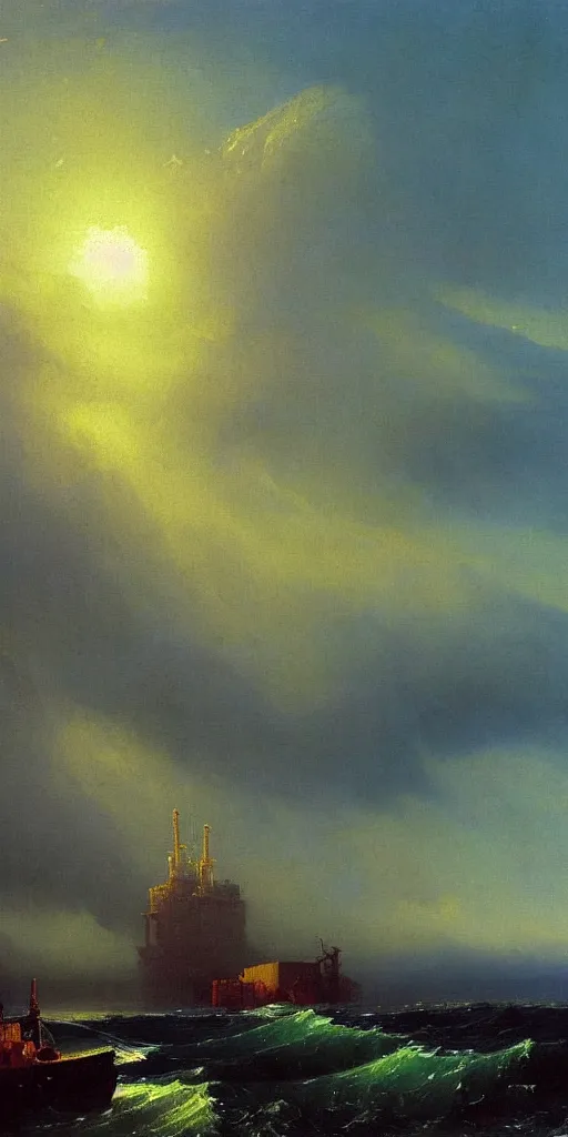 Image similar to oil rig by aivazovsky, oil on canvas, highly detailed, masterpiece painting