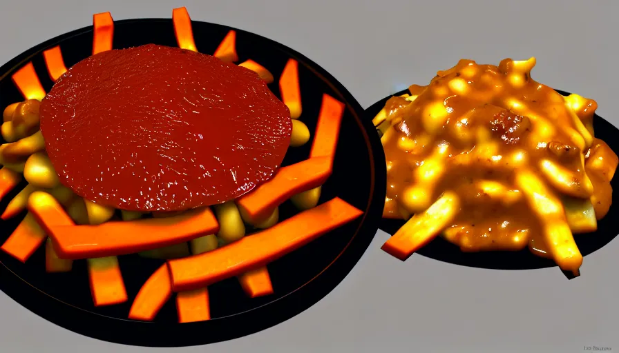 Image similar to poutine ( the canadian meal ) from mount doom, volcano texture, lava texture, fire texture, 8 k, octande render, unreal engine 5, surface blemishes, hdr