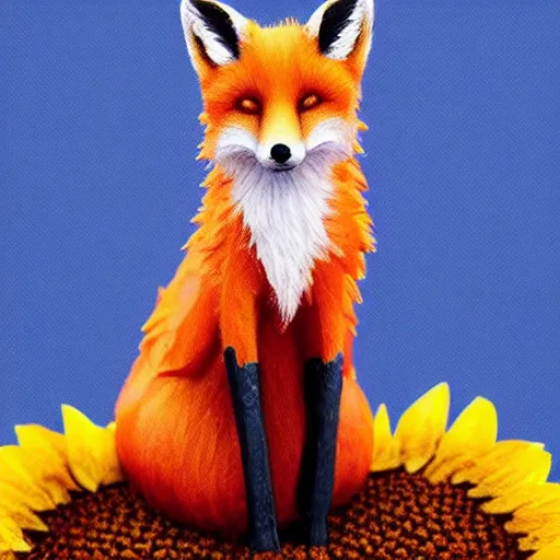 Image similar to a miniature fox, sitting on a sunflower, digital art, trending on artstation