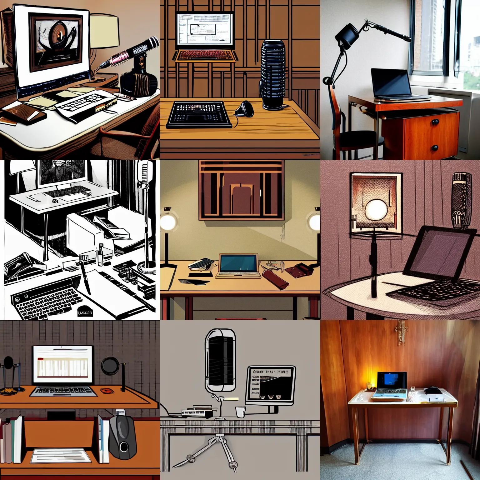 Prompt: in a luxury study, there is a table, on top of the table there is one laptop computer, one glass of wine, and one one microphone, art deco, laurie greasley