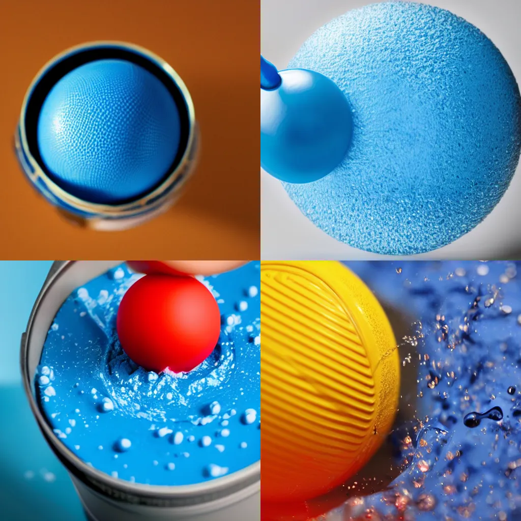 Prompt: a ball is splashing into a can of blue paint