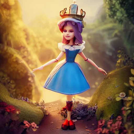 Prompt: beautiful alice full body doll figurine infront of castle, alice in wonderland theme, disney inspired, octane render, 8 k, ultra realistic, hd, cinematic lighting, fantasy landscape, artstation