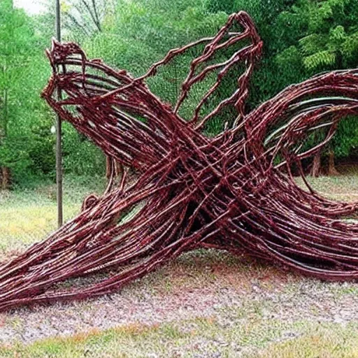 Image similar to sculpture made out of rusty barbed wire.