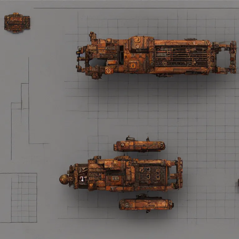 Prompt: overhead view, digital painted rusted dieselpunk tank game asset sheet, grid arrangement, black background, from above, top view, top - down, unity asset store, by greg rutkowski, trending on artstation