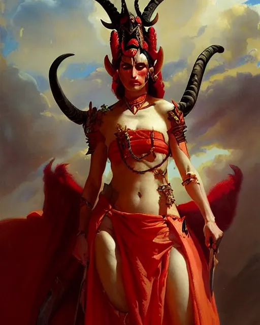 Image similar to painted close - up portrait of an attractive red - skinned intimidating demon queen with ram horns. oil painting, wearing a noblewoman's outfit, fantasy art by greg rutkowski and john singer sargent and gaston bussiere, demon noble character design