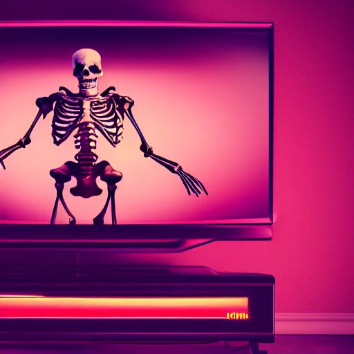Prompt: a skeleton playing video games, it is visibly angry at the tv, vivid, detailed, outrun, synthwave, vaporwave
