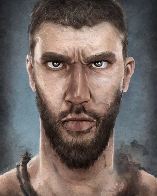 Image similar to portrait of muscular, tired and alcoholic 3 0 - year - old grieving man with short darkblonde hair, serious sad look in his eyes, looking down, dirty beard, blue eyes, crying tears, wearing dirty soldier uniform, on the desert, sad atmosphere, hyper realistic face, character art, art by artgerm, cryengine, trending on artstation, digital art