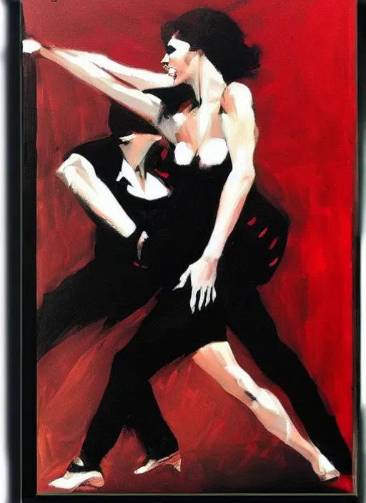 Image similar to tango dancerin in black and red dress, painting by phil hale, fransico goya,'action lines '!!!, graphic style, visible brushstrokes, motion blur, blurry, visible paint texture, crisp hd image