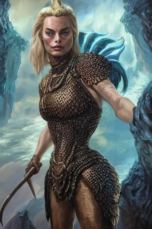 Prompt: A fantasy comic book style portrait painting of Margot Robbie as an Atlantean Reptilian Warrior, Mystical Valkyrie, unreal 5, DAZ, hyperrealistic, octane render, Regal, Refined, Detailed Digital Art, RPG portrait, Michael Cheval, Walt Disney (1937), François Boucher, Oil Painting, Steampunk, dynamic lighting, Highly Detailed, Cinematic Lighting, Unreal Engine, 8k, HD