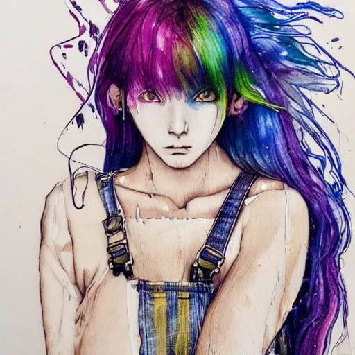 Prompt: a grungy woman with rainbow hair, soft eyes and narrow chin, dainty figure, long hair straight down, torn overalls, short shorts, combat boots, side boob, wet tshirt, raining, basic white background, symmetrical, watercolor, pen and ink, intricate line drawings, by Yoshitaka Amano, Ruan Jia, Kentaro Miura, Artgerm,