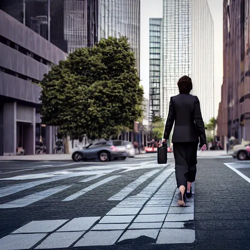 Prompt: a woman in a business suit walking down a busy city street. 3 d octane render