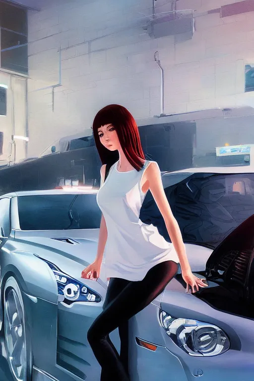 Image similar to A ultradetailed beautiful panting of a stylish girl standing in front of a Nissan GTR, Oil painting, by Ilya Kuvshinov, Greg Rutkowski and Makoto Shinkai