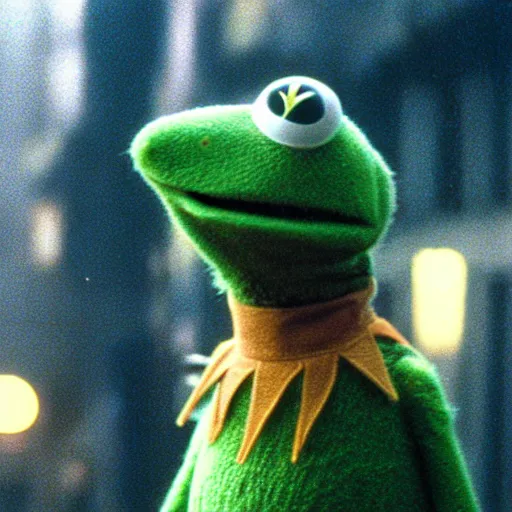 Prompt: Kermit the frog in Blade runner, film still