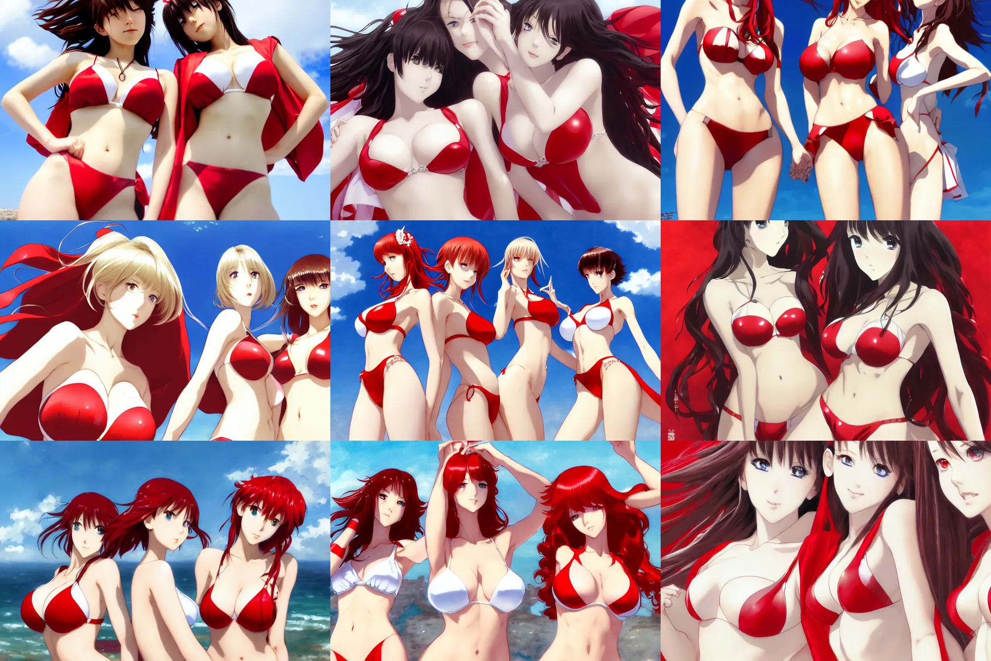 Prompt: white and red. close - up princesses posing together in bikini. by takashi takeuchi, yoshiyuki sadamoto, amagaitaro, makoto shinkai, krenz cushart, asao urata, pixiv