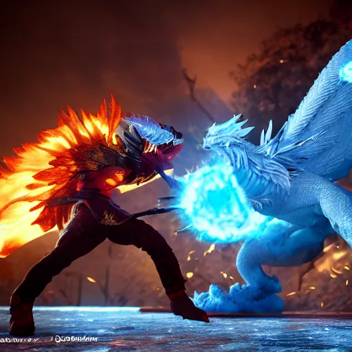 Image similar to ice Phoenix fighting against fire dragon, 8k, Unreal engine, realistic