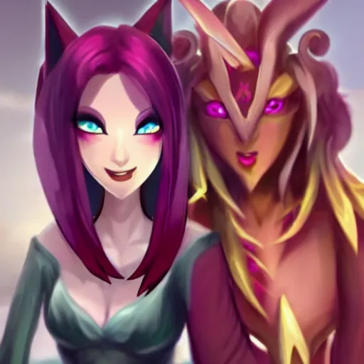 Prompt: league of legends, xayah and kai'sa as best friends, funny, flirty, smiling, playing, photo