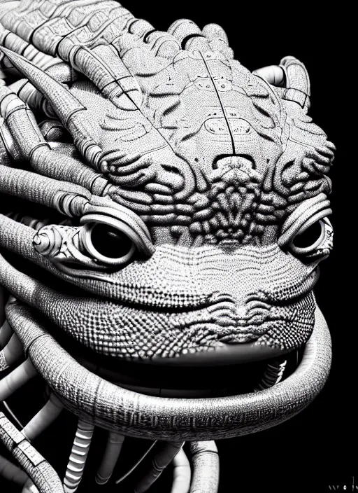 Prompt: a synthwave wireframe axolotl, face is made intricate tribal bio - mechanical, bw, unreal engine, glamor shot, nikon d 7 5 0, closeup, f / 2. 8, low contrast, 1 6 k, rim lighting, optical fiber, cinematic lighting, insanely detailed and intricate, hypermaximalist, elegant, ornate, hyper realistic,