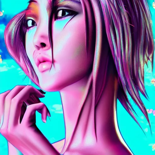 Image similar to a highly detailed and realistic concept art with an Asian female model in a vaporwave artwork composition, Windows98 logo, 8k, intricate, pastel colors