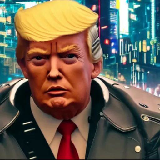 Prompt: donald trump as an evil cyborg in cyberpunk 2 0 7 7 and is the head of an evil corporation, technological, movie footage, high - tech, still frame