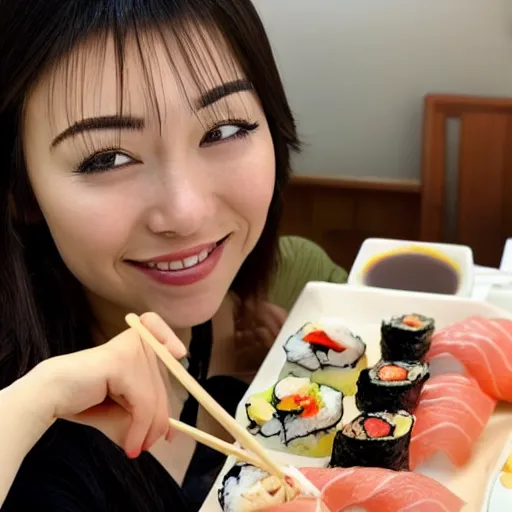 Image similar to photo of a beautiful Japanese girl eating sushi, symmetrical, golden ratio, happy,