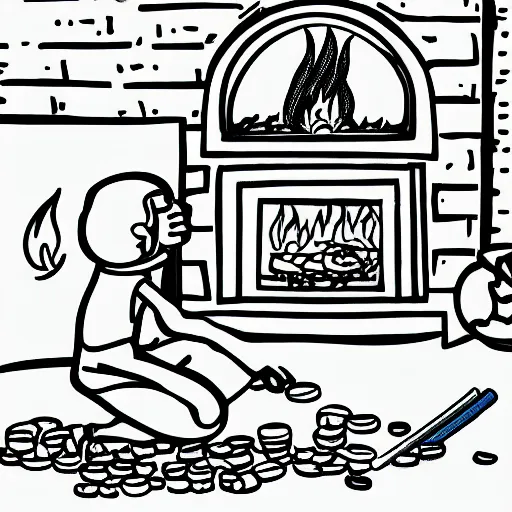 Image similar to kids drawing of a person burning money in a fireplace, illustration, line art, coloring book, 4 k