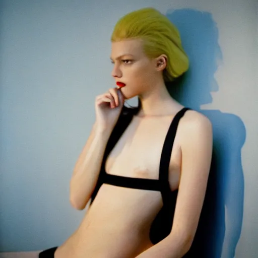 Image similar to realistic photoshoot for a new balenciaga lookbook, color film photography, portrait of a beautiful blonde woman, in style of nan goldin, 35mm