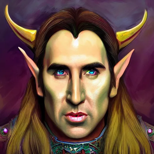 Image similar to elf warrior with the face of nick cage, d & d style, trending on artstation, colorful, intricate, art by kev chan