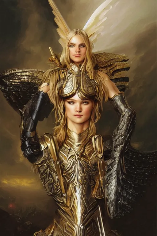 Image similar to a beautiful valkyrie , half body portrait, blond hair, gold chainmail armour, realistic oil painting by Thomas Cole and Wayne Barlowe and Boris Valejo