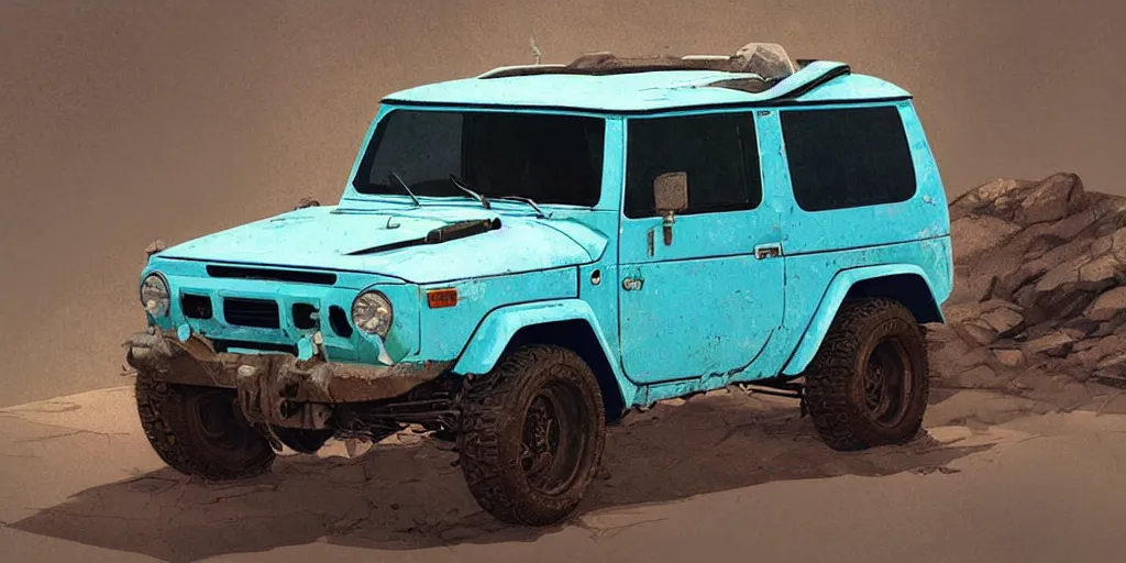 Image similar to digital illustration of a futuristic faded cyan mad max's fj 4 0 decrepit!!!! pursuit special, rusty!!! cyberpunk nissan fj cruiser heavily modded 1 9 9 0 s, the last v 8 interceptor by makoto shinkai, ilya kuvshinov, lois van baarle, rossdraws, basquiat