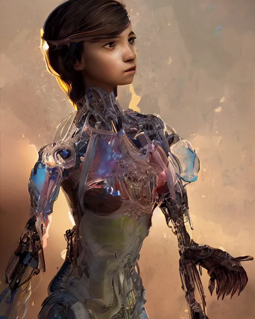 Prompt: weta disney pixar movie still full body portrait photo of young millie alicia bobby vikander brown singing with translucent skin and as a sad intricate detailed mechanical translucent plastic cyborg girl by pixar, by weta, wlop, ilya kuvshinov, rossdraws, artgerm, latex, iridescent, bright morning, anime, liosh, mucha