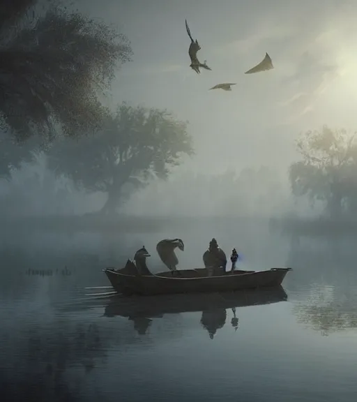 Prompt: three crows in a little boat in a swamp, volumetric lighting, fog, majestic light, octane render, ethereal glare of the sun, hyperrealistic, epic, masterpiece, by greg rutkowski
