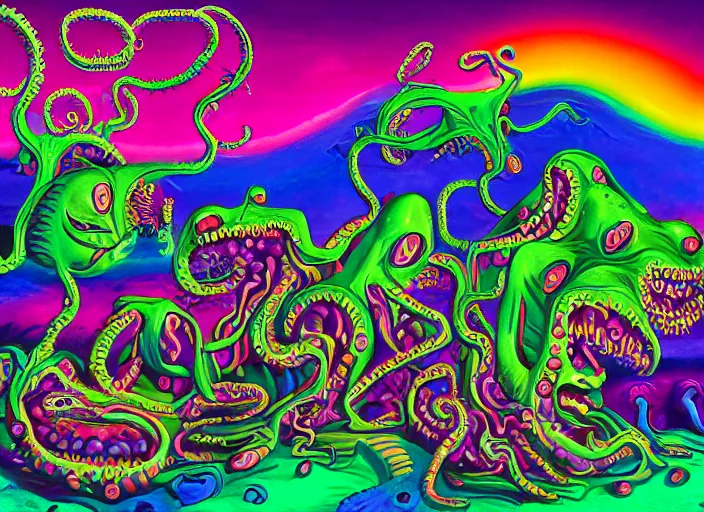 Prompt: lovecraftian grotesque fleshy hellscape artwork by Lisa Frank