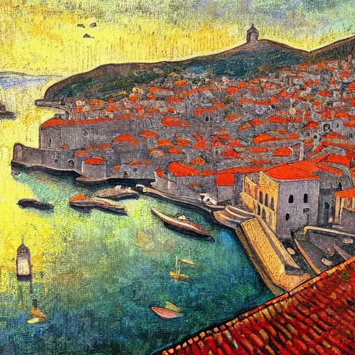 Image similar to a painting of dubrovnik in the style of gaugin