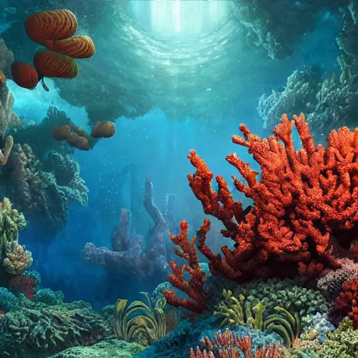 Image similar to a painting of a underwater scene with corals and plants, a detailed matte painting by Kim Keever, cg society contest winner, fantasy art, rendered in unreal engine, unreal engine, cryengine