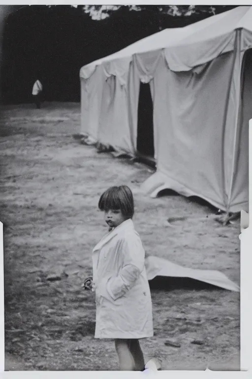 Image similar to photo polaroid of a sad and lonely child in a white coat and barefoot stands in the middle many big tents of field hospitals, pandemic, covid, loneliness, black and white ,photorealistic, 35mm film,