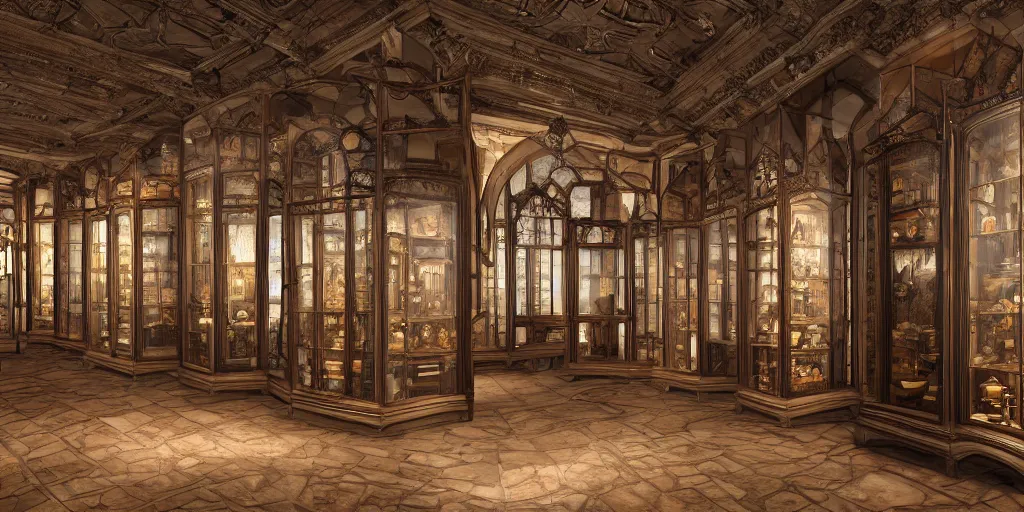 Prompt: deep 3 point perspective, Wall full of wooden glass cabinets with oil paintings Inside the gothic museum, by Dali, dramatic lighting, photorealistic, wolumetric lighting, high detail, cinematic feel, wideshot, high octane, 4K, Unreal Engine, digital render, intricate, ultra realistic