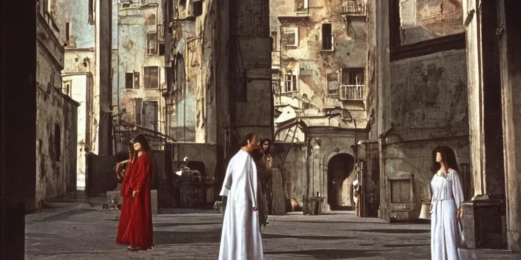 Image similar to a scene from the movie la felicita ( 1 9 7 1 ) by luchino visconti with mastroianni and claudia cardinale entering a cyberpunk!!!! city reminiscent of the ideal city by piero della francesca. technicolor, cinematic, 5 0 mm, highly detailed