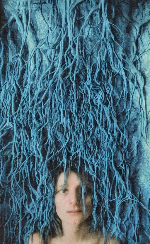 Image similar to blue vines in a dark cave forming a human face, creepy, extreme detail, realistic, polaroid color photo, vintage, stunning 8 k, neutral colors, by gregory crewdson