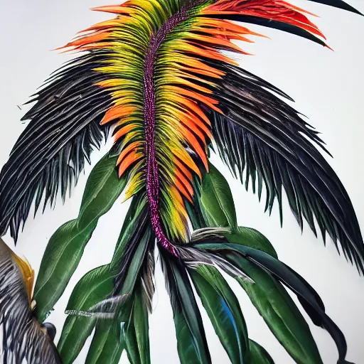 Image similar to photo of an intricate jungle scene showing a bird of paradise, covered in feathers. extremely large wings. extreme detail, hyperrealistic photo, gloomy