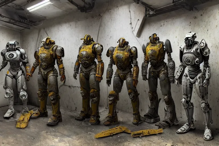 Image similar to photo taken of an epic intricate, ultra detailed, super realistic gritty, hero prop, exquisitely weathered very bulky fallout 4 power armour suits movie prop replica's in a row in the workshop, created by weta workshop, full body shot, photorealistic, sharp focus, white wall, cold colour temperture, golden ratio