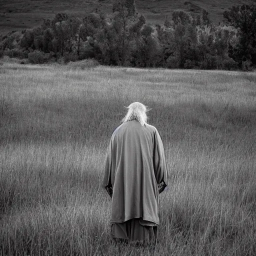 Prompt: old prophet wandering about a meadow. cool twilight lighting. iso 1 2 0 0