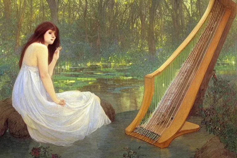 Image similar to a beautiful painting of the back view of a young lady with long dark hair in white linen dress sitting by the river in a grown forest, playing a golden harp, sunlight reflected on the river, Mucha, Moebius, Mohrbacher