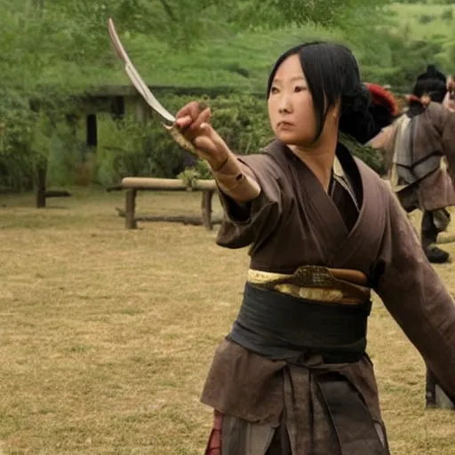 Prompt: scene from a 2 0 1 0 film set in the warring states period showing a woman