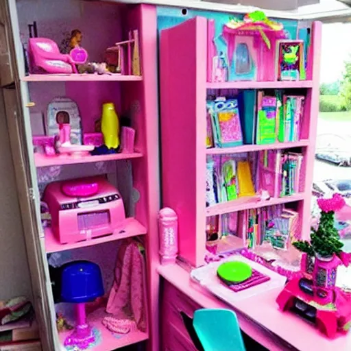 Prompt: “Barbie dream house but it’s all cluttered because Barbie became a hoarder”