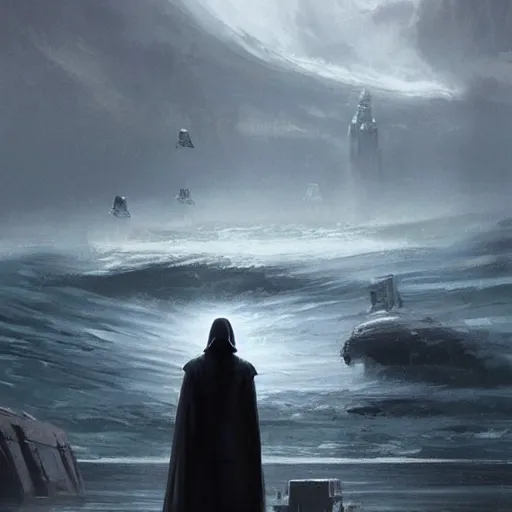 Image similar to star wars concept art by greg rutkowski, a palatial and imposing grey tall man in dark clothes godemerging from the sea in the middle of a ocean landscape, enigmatic atmosphere, beautiful and cinematic lighting, artstation hq.