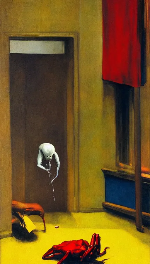 Prompt: the spider wants to eat, but is tired, a strange feeling, hauntingly surreal, highly detailed oil painting, by francis bacon, edward hopper, adrian ghenie, red and yellow and blue colour palette, cinematic composition, masterpiece