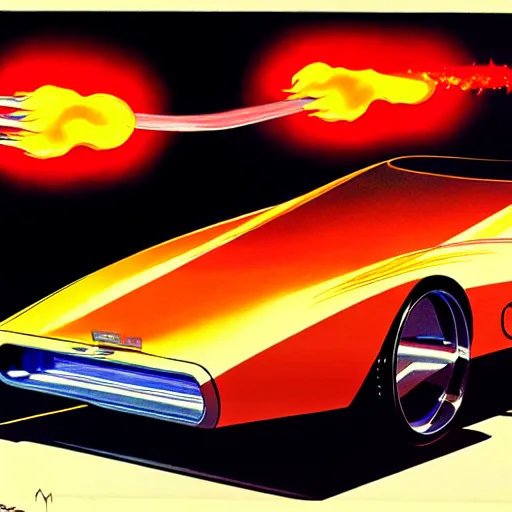 Image similar to concept art for a car with flame throwers, painted by syd mead, high quality