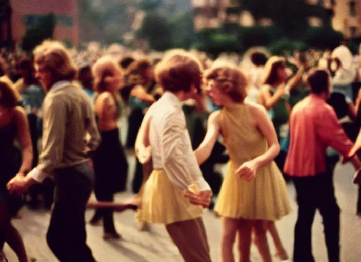 Image similar to close-up color film photography 1970s, people dancing at the festival, soft focus, golden hour, soft light, 35mm, film photo, Joel Meyerowitz